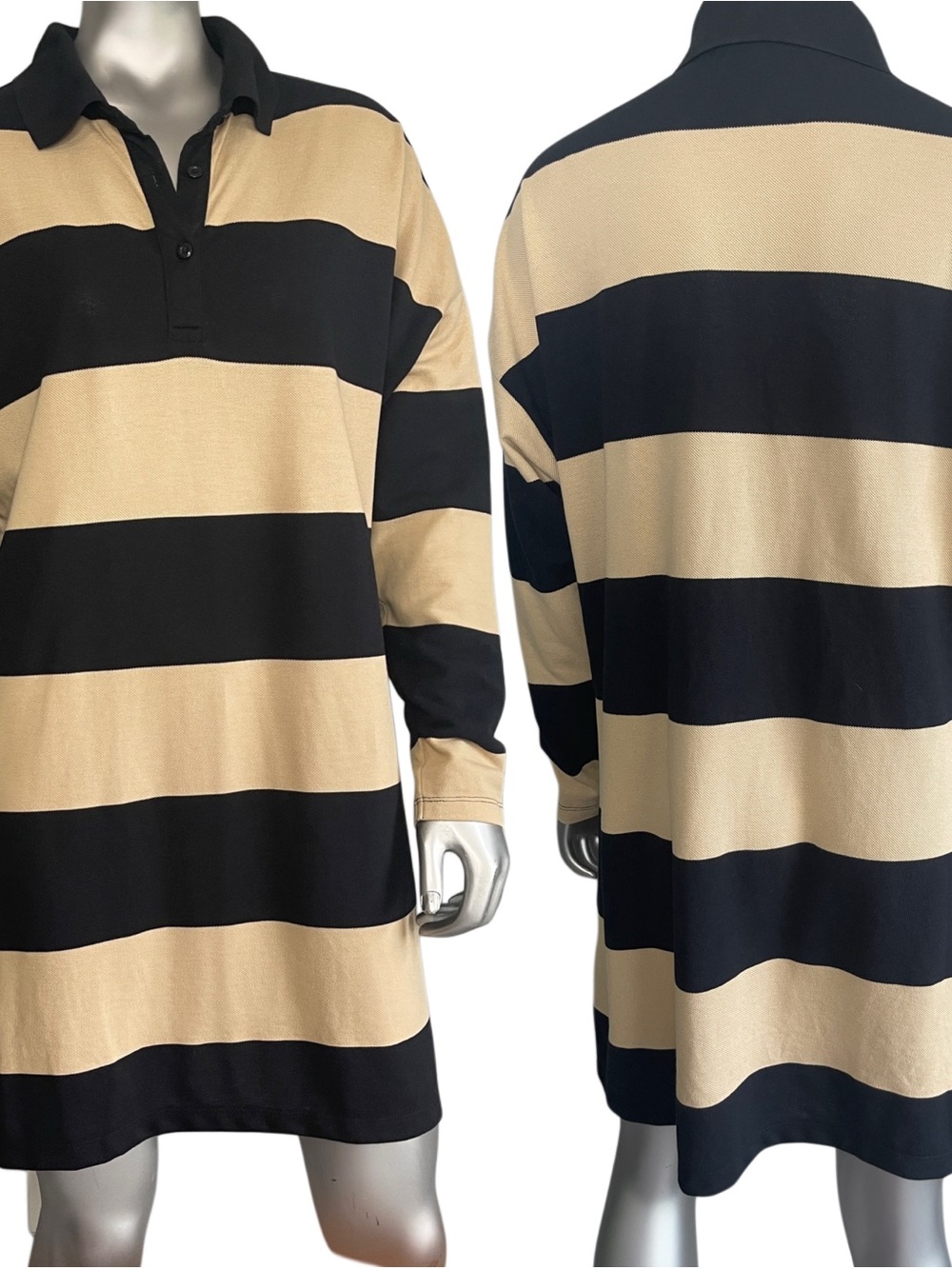 ASOS Black and Camel Striped Long Sleeve Collared Shirt Dress, Size 6